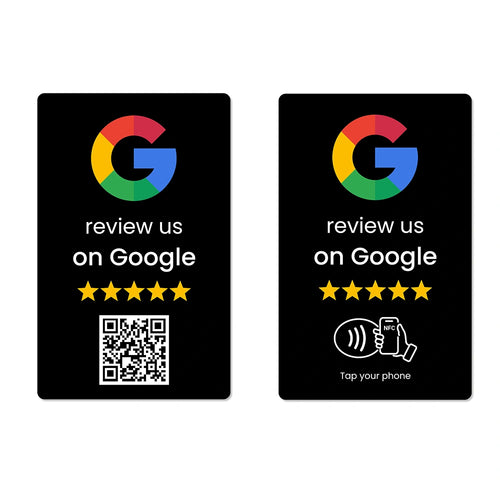 Black Google review card showing QR and NFC sides