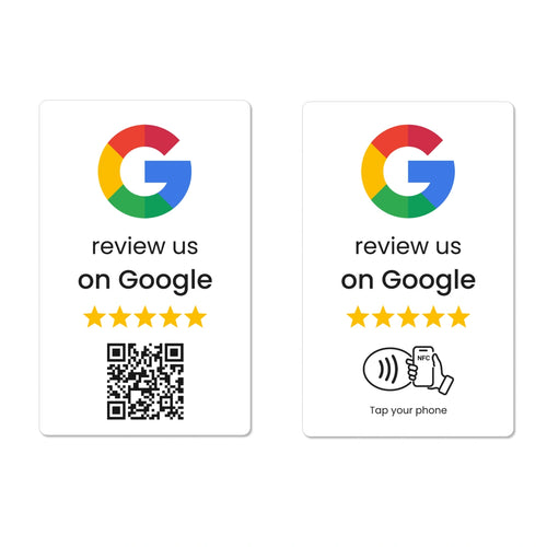 White Google review card showing QR and NFC sides