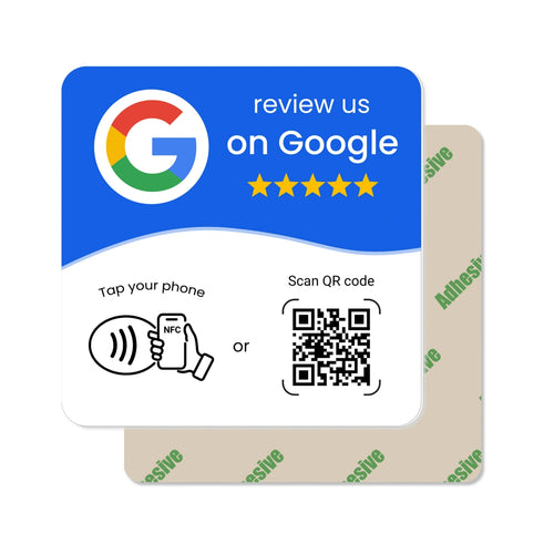 Blue and white Google review NFC and QR adhesive square